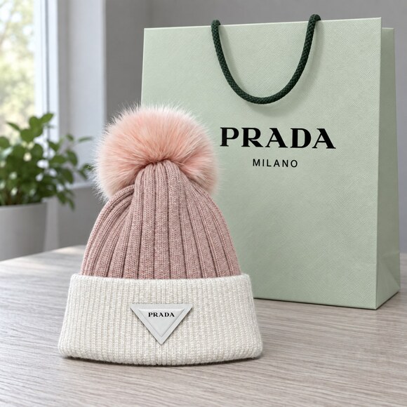 Prada Accessories - Prada Pink White Pom Pom Knit Beanie